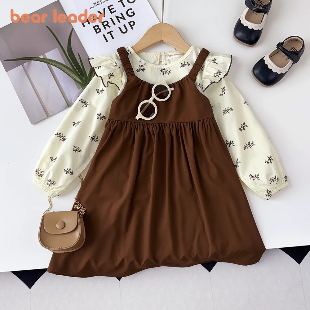 Bear Leader Autumn New Coffee Color Long Sleeved Floral Top+Solid Color Suspender Dress Set Two-piece Casual Girls Clothes