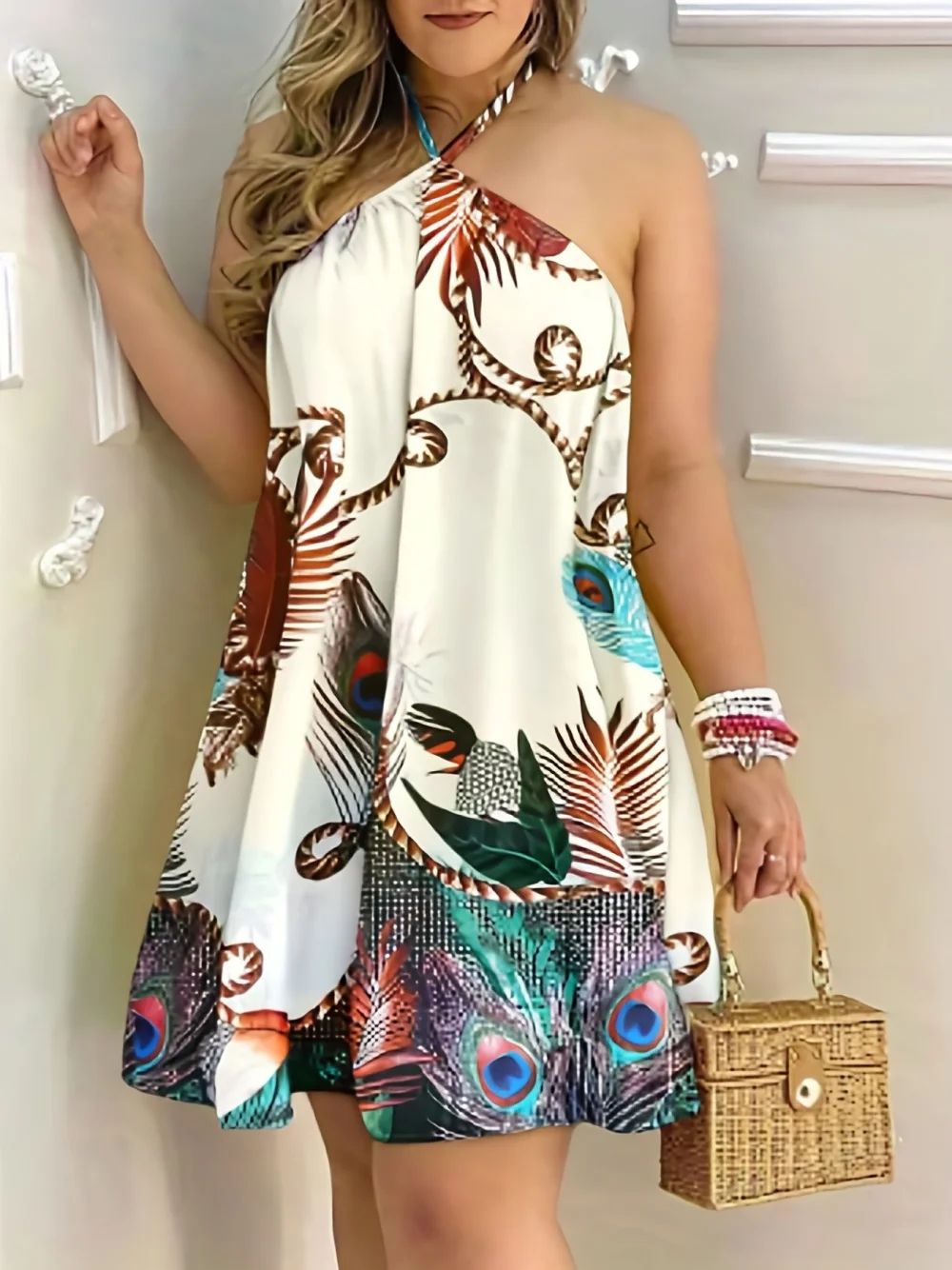 Sommer druck Schulter hängen Hals Kleid Spitze lose Frauen Kleid aus der Schulter Kleid Chiffon Kleid Sommerkleid