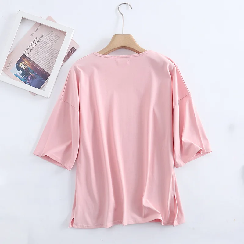 New spring and summer ladies pajamas short-sleeved + trousers two-piece set 100% cotton knitted casual loose homewear suit woman