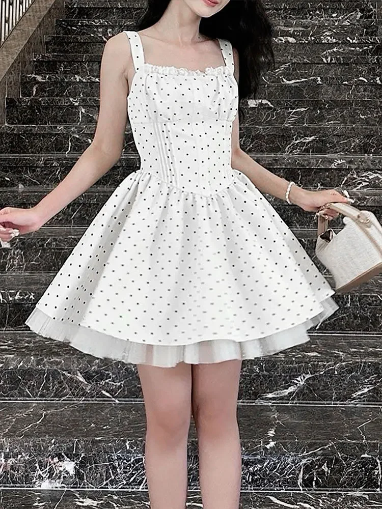 GELITAYIN Summer New Women A-Line Dresses Streetwear Fashion Dot Print Tank Sleeve Lace-up Dress Casual Slim Sexy Female Backles