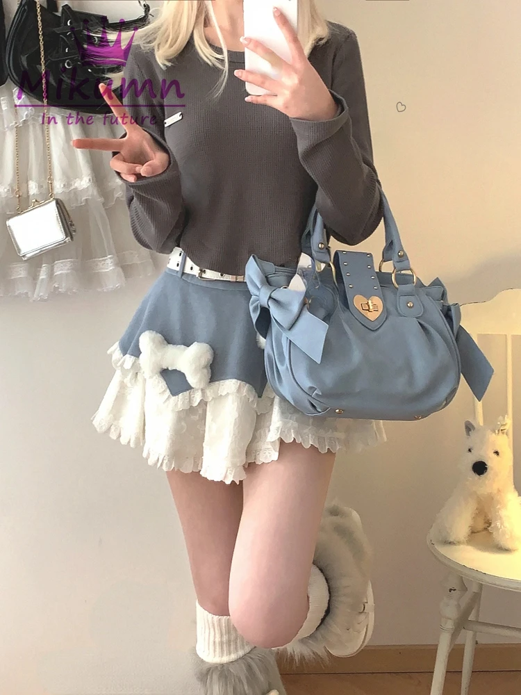 Mikumn Women Cute Plush Bone Lace Cute Y2k Shorts Skirt Japanese Kawaii Lolita High Waist A-line Patchwork Ruffles Cake Skirts