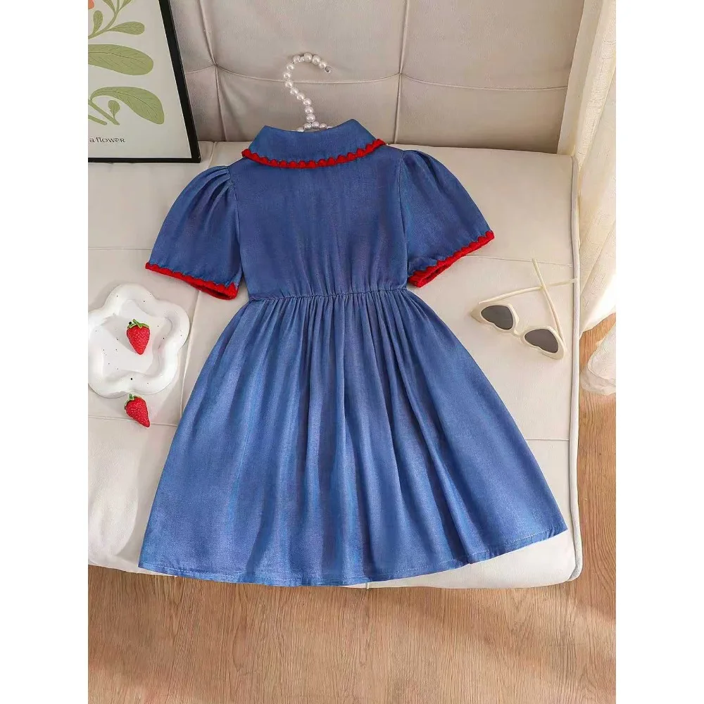 Trending Toddler 1-7Y Girls Preppy Faux Denim Dress with Strawberry Embroidery Fashion Outfit for 4-7Y