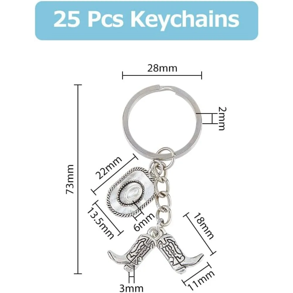 25Pcs Western Cowboy Keychain 73mm Western Boot and Hat Key Ring Antique Silver and Platinum Alloy Pendant with Iron Ring