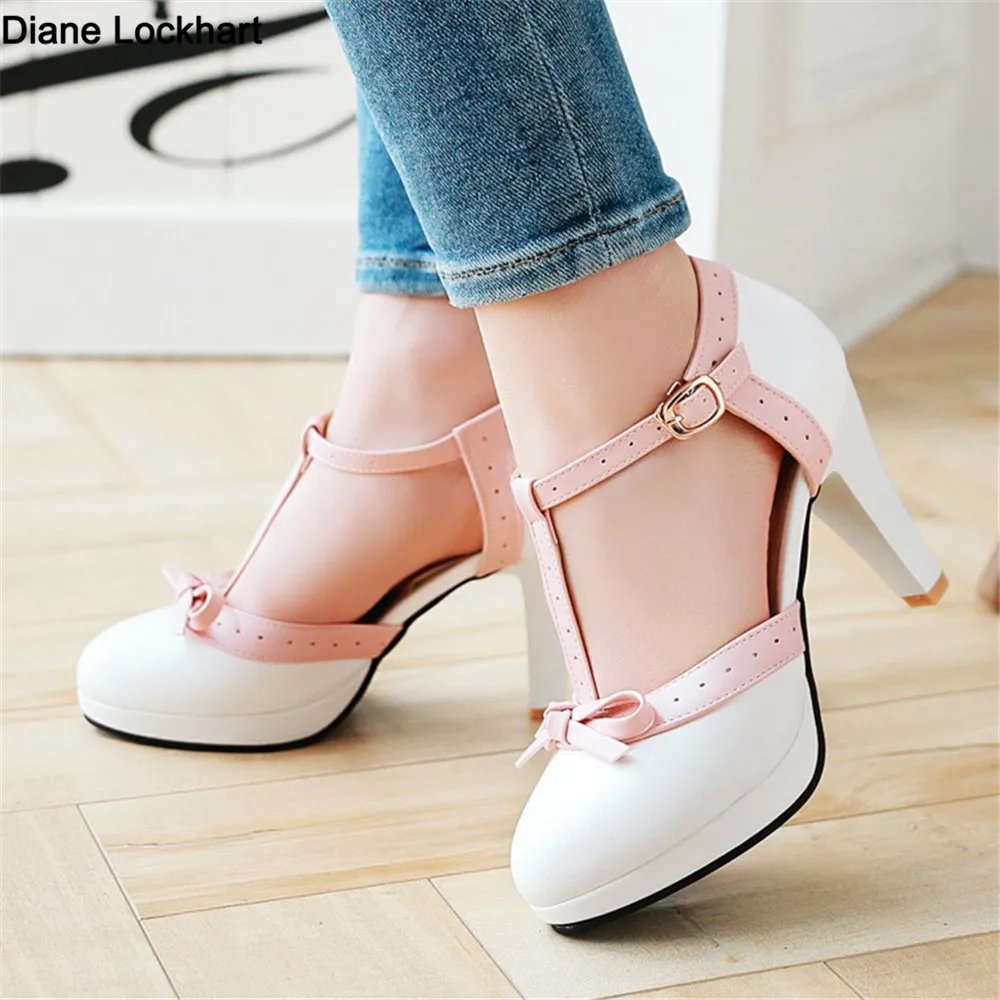 

Women's T strap High Heels Round Toe Heel Pumps Women Platform Pumps Bow Party Wedding Shoes Chaussures de Femme Size 33-48