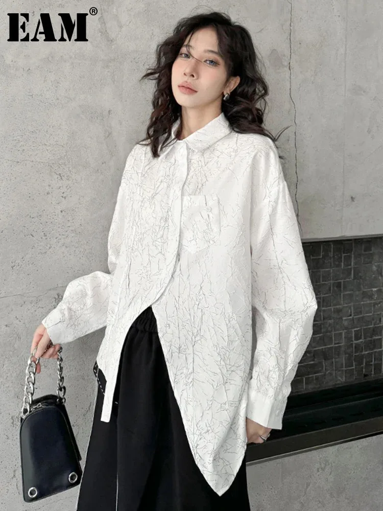 [EAM] Women Black Irregular Hem Pleated Big Size Blouse New Lapel Long Sleeve Shirt Fashion Tide Spring Autumn 2024 1DH4595