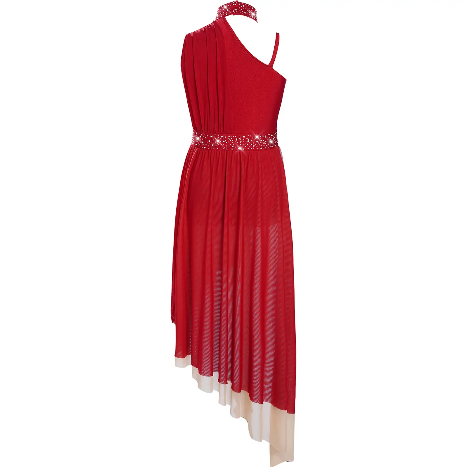 Costume da ballo lirico per bambina, body senza maniche, ritaglio sul retro, costume da spettacolo asimmetrico in rete trasparente