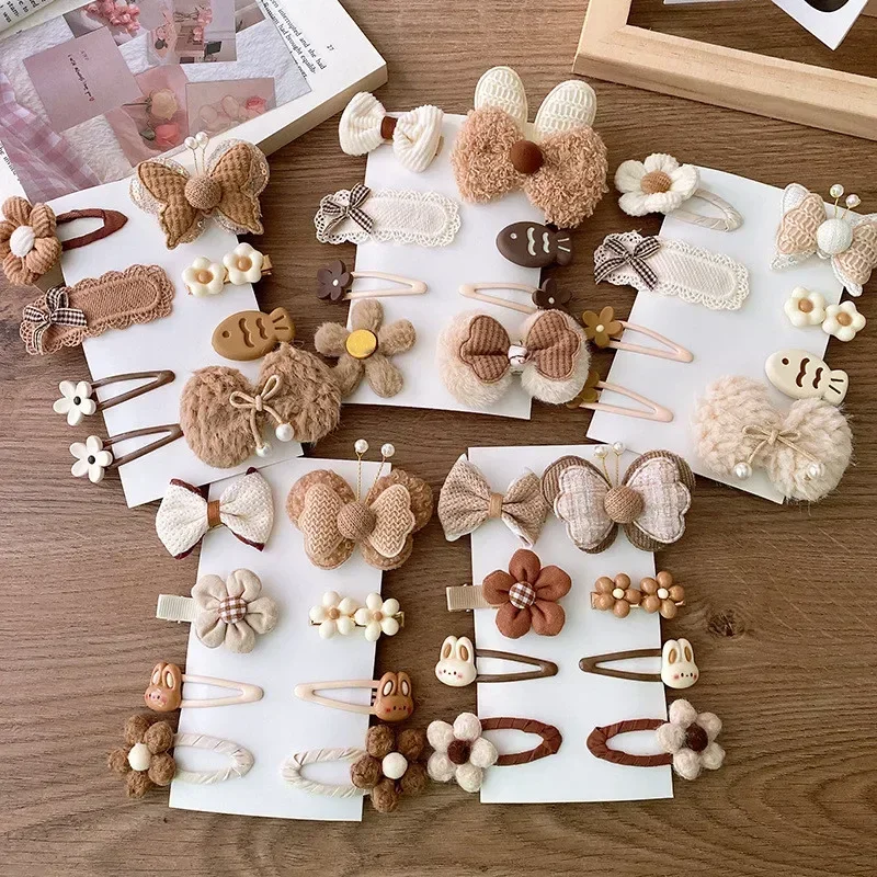 8pcs/set Korean Girls Headband Hair Clip Cartoon Bear Floral Bow Hair Pin for Toddler Lovely Beige Coffee Color Kids Headwear