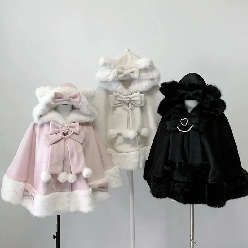 Design Bow Hooded Patchwork Kawaii Cope Coat Harajuku Warm Sweet Fur Collar Coat Winter New Japanese Lolita Cloak Overcoat Women