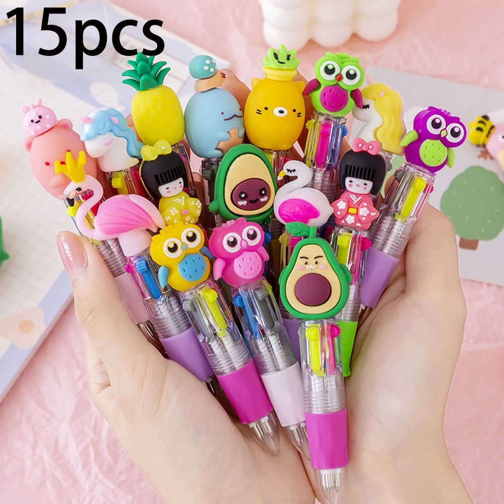 15pcs Cute Cartoon Fruit Mini Ballpoint Pens, 4-Color Retractable Plastic Pens with Medium Point,Ergonomic for Holiday Gifts