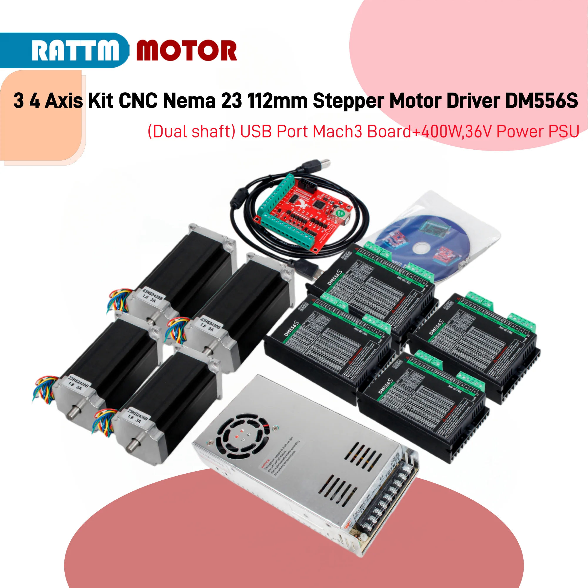 4 Axis Nema 23 CNC Stepper Motor 112mm (Dual shaft) /425 Oz-in /3A Stepping Motor & DM556S Motor Driver & USB Mach3 Board &Power