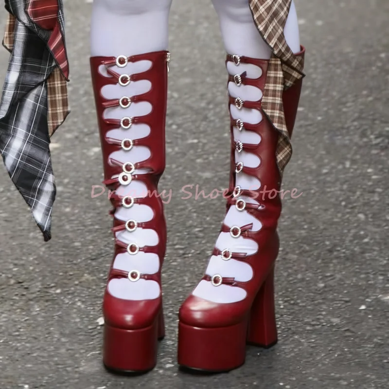 

Pink Hollow Thick Heel Knee High Boots Women Belt Buckle Side Zipper Chunky Heel Boots Sexy Fashion Punk Style Party Ladies Shoe