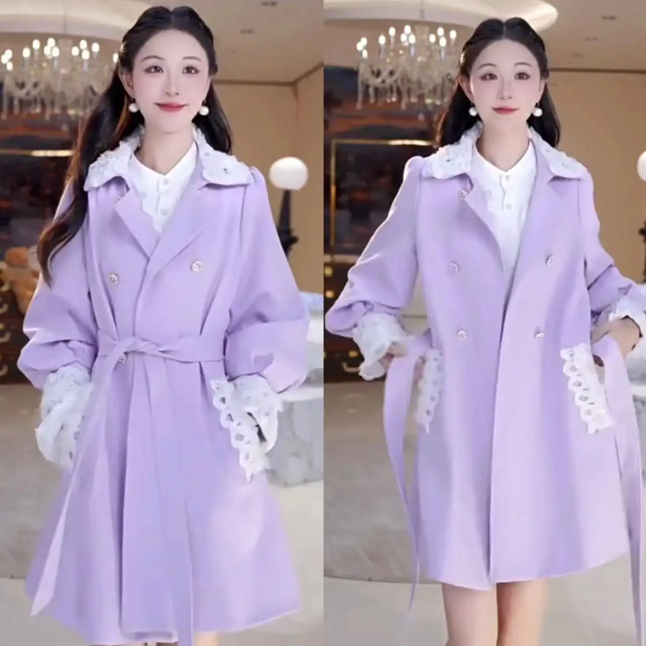 

Милое фиолетовое пальто, женская утягивающая ветровка средней длины с высокой талией, модное роскошное модное осенне-зимнее новое поступление