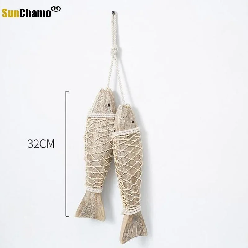 Mediterranean Style Hand Carved Wooden Wood Fish Ornaments Wall Sculptures for Home Hanging Decor Decor  2pcs/set Decoration