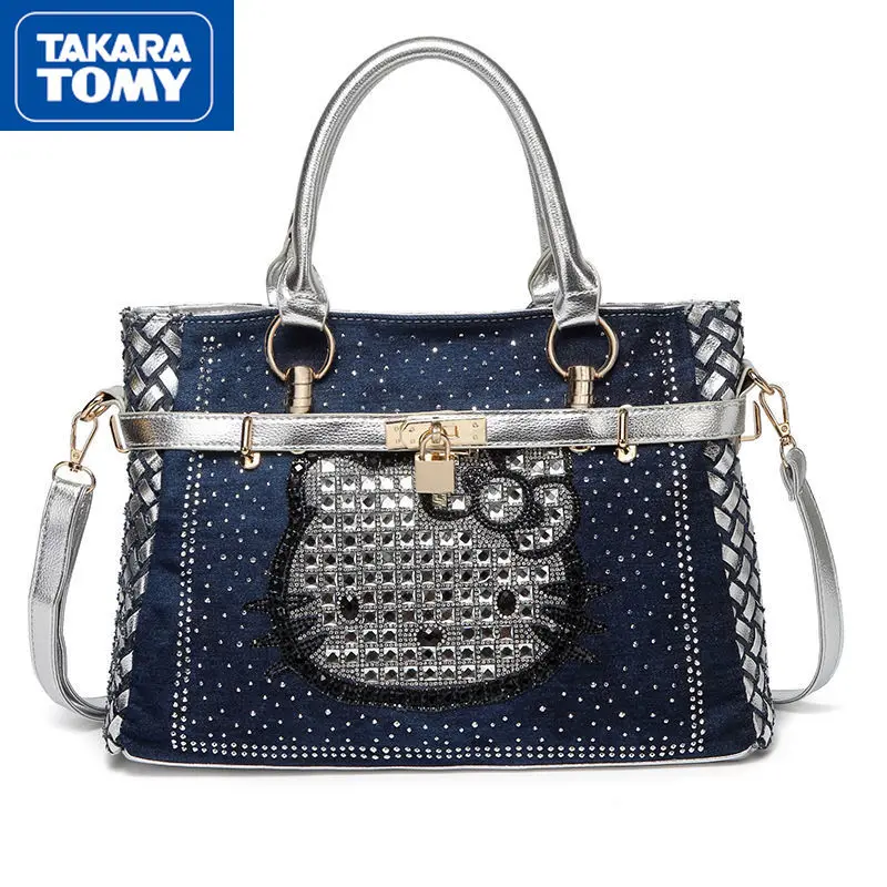 TAKARA TOMY 2022 New Hello Kitty Women's Denim Diamond Blue Commuter Handbag Girls Large-capacity Cute Shoulder Bag