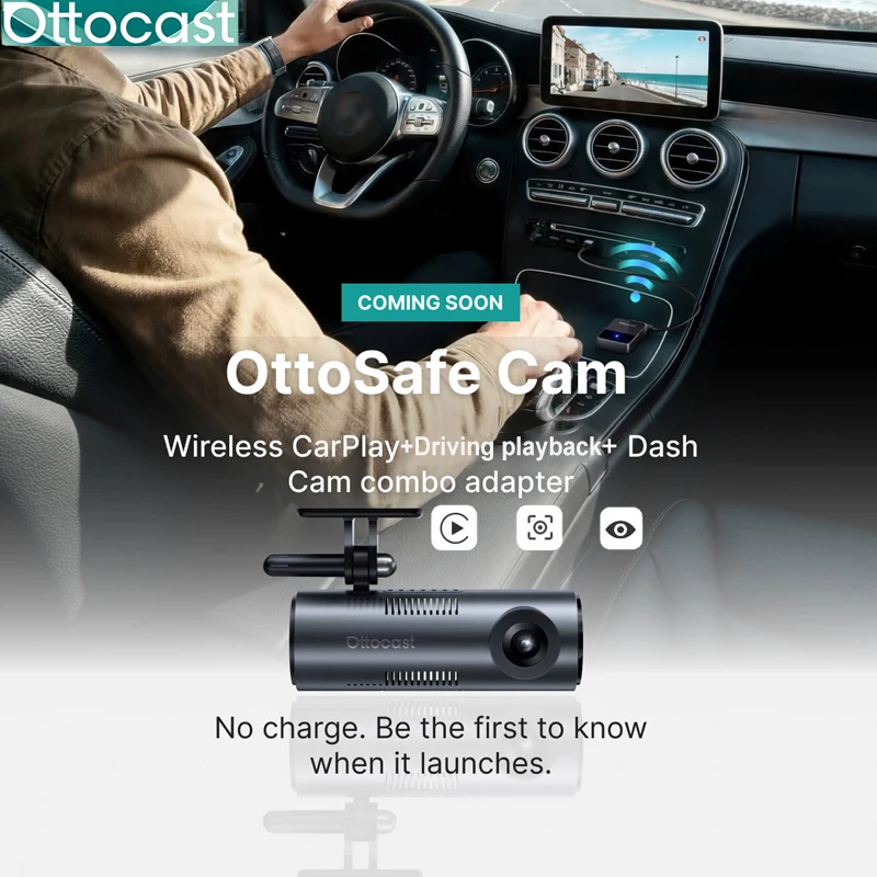 Ottocast OttoSafe Cam 2-in-1 Dashcam Kabelloser CarPlay-Adapter 2K 130 °   Weitwinkel-Nachtsicht-Frontkamera mit automatischer Aufnahme und Rückfahrkamera