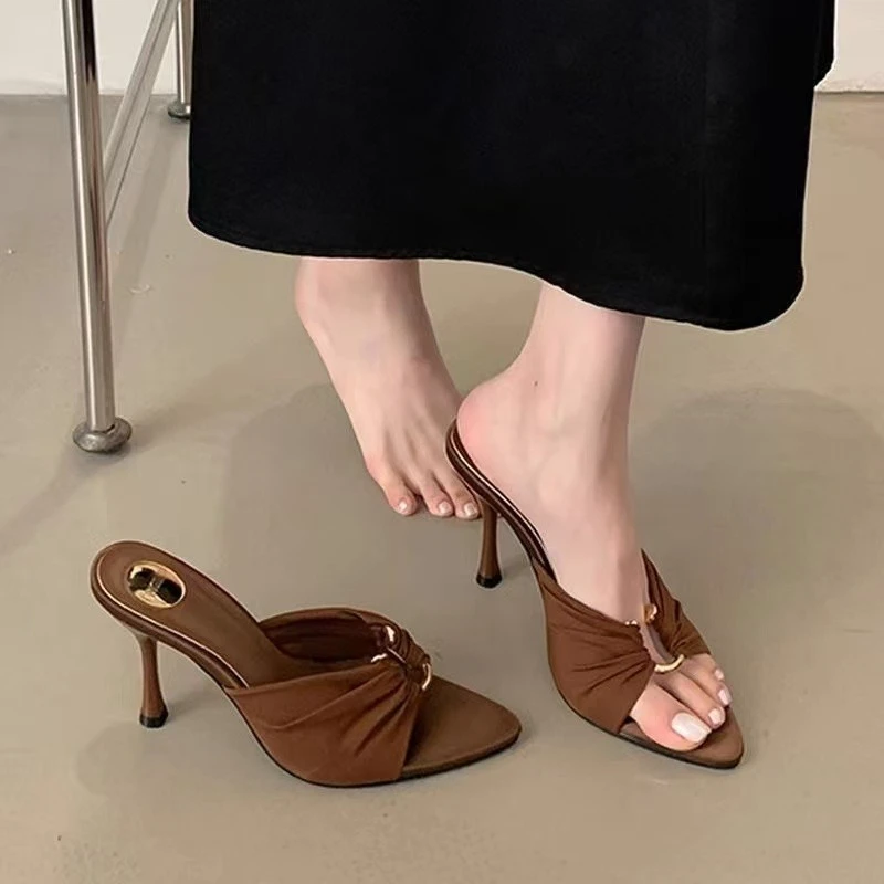 

2026 New Sexy French Pointed Toe Women's Slippers Summer Women's Pleated Metal Buckle Sandals Comfortable Office High Heels 42