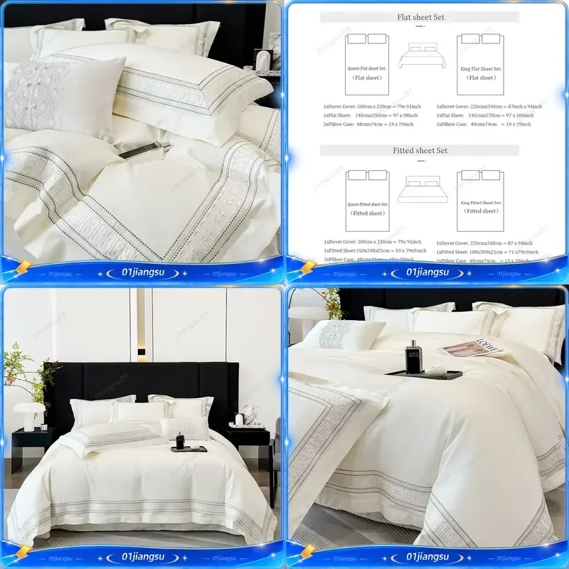Luxury 600TC Egyptian Cotton Bedding Set Hotel Style Embroidery Duvet Cover Flat Fitted Sheet Pillowcases 4 Piece Simple Home