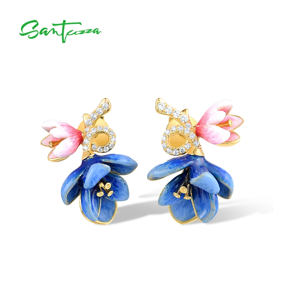 

SANTUZZA 925 Sterling Silver Earrings For Women Sparkling CZ Blue Ename Blooming Flowers Trendy Wedding Party Gifts Fine Jewelry