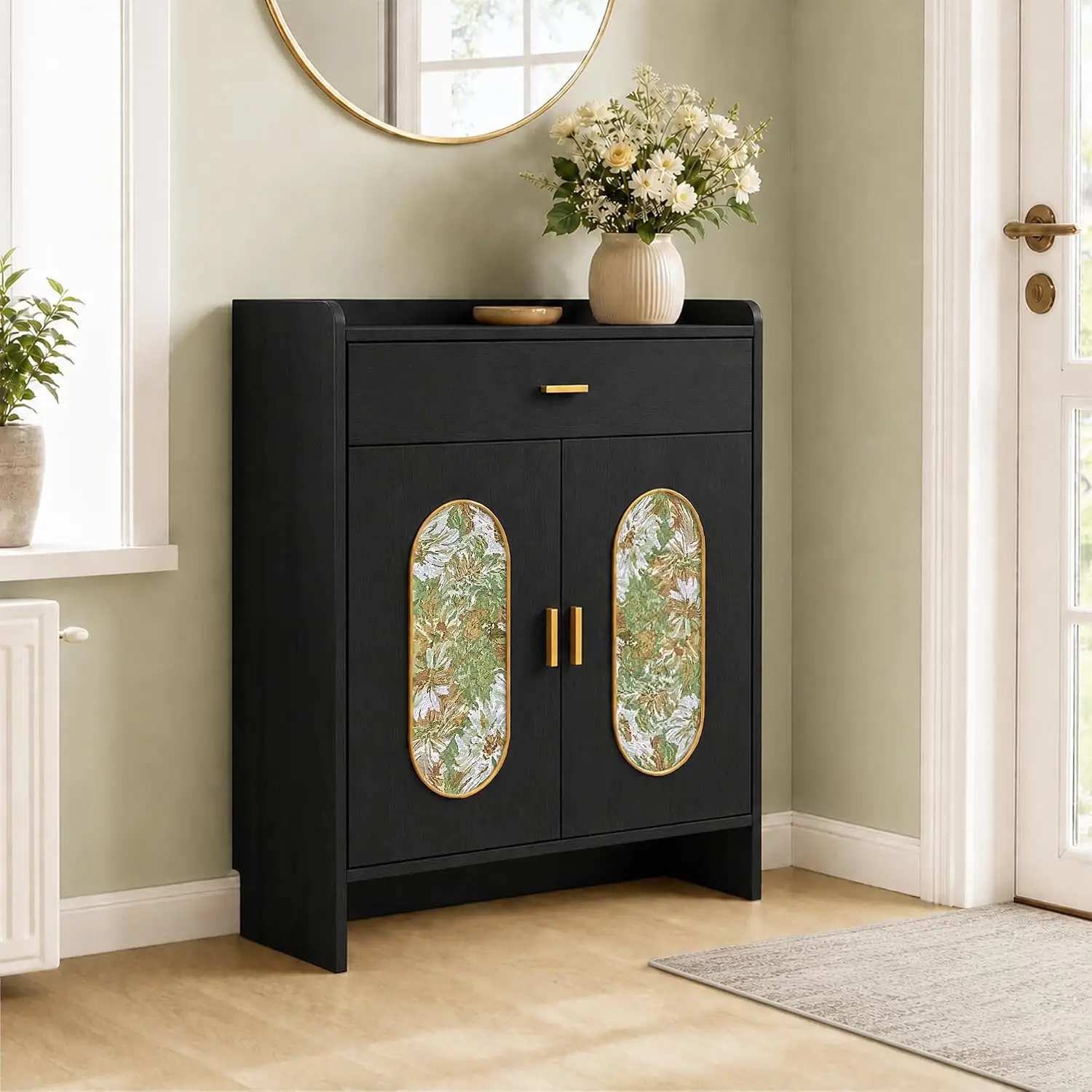 4-Tier Shoe Cabinet with Drawer and Floral Fabric Panels, Black, Customized