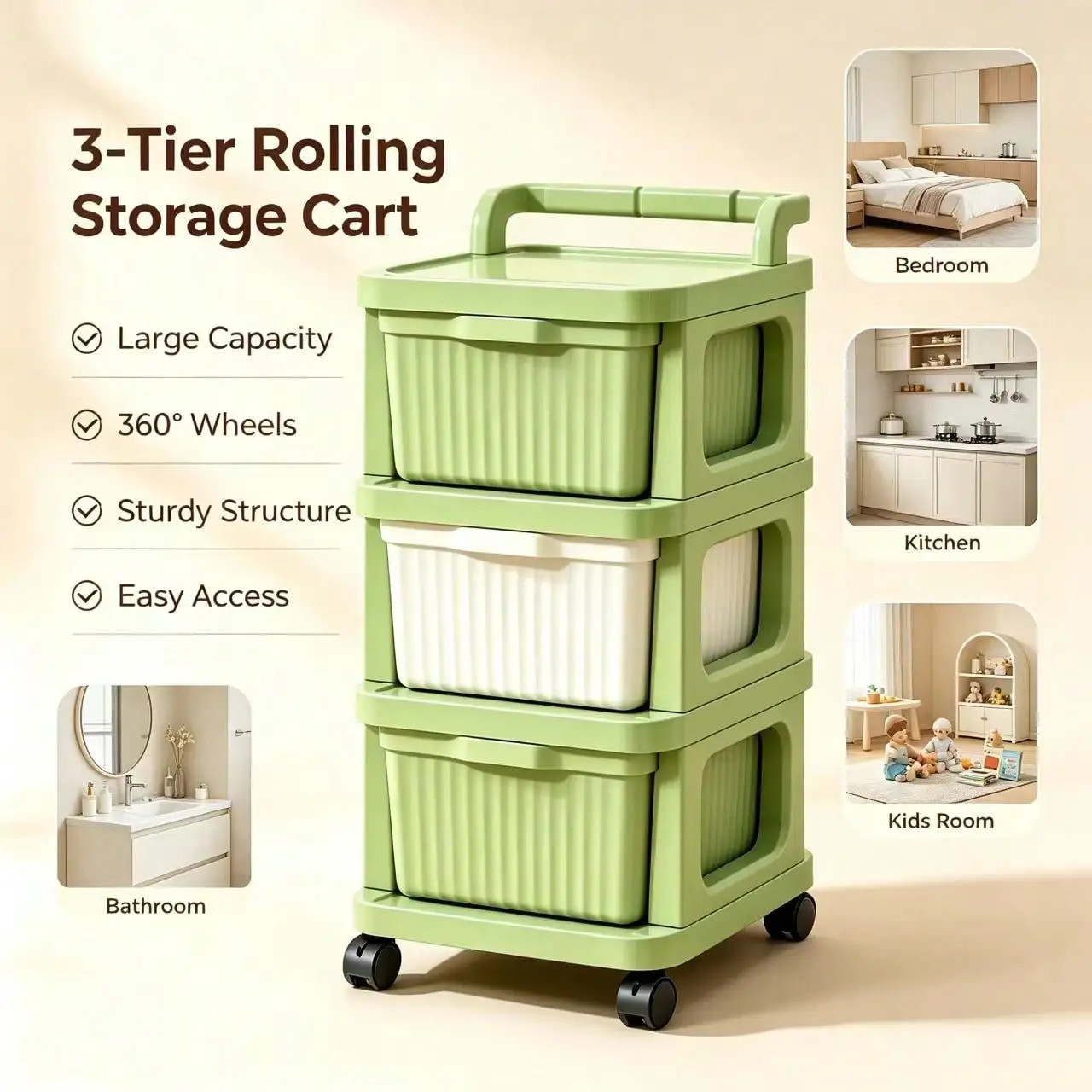 3-Tier Rolling Plastic Drawer Storage Cart With Handle & Lockable Wheels, Vertical Mobile Storage Cabinet, Free Decorative Stickers As Gift, Multi-Scene Utility Organizer Trolley For Bedroom, Bathroom, Kitchen, Office And Entryway