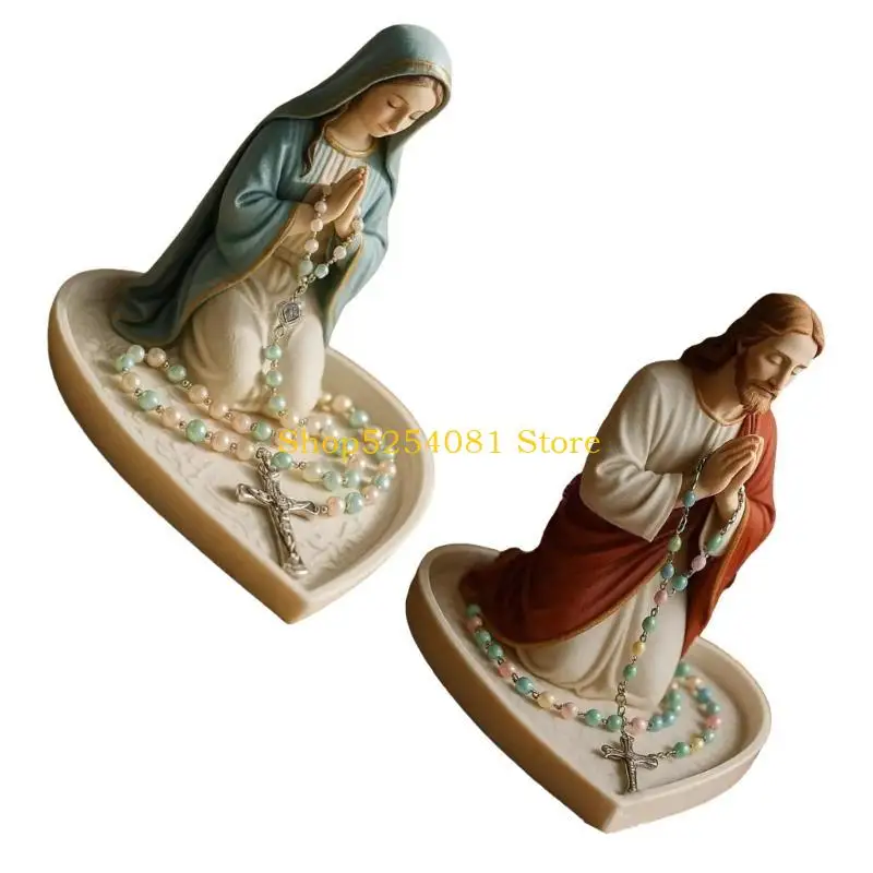 AXYC Sacred Resins Holy Mother Father Statue Rosary Storage Box Praying Jewelry Beads Holder Tray For Religious Keepsakes