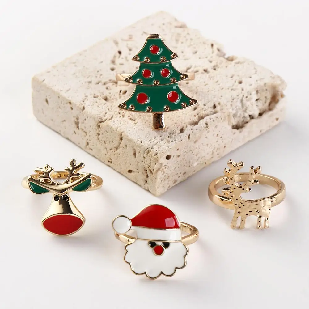 Christmas Tree Christmas Ring Set Dripping Oil Cartoon Enamel Santa Claus Ring Alloy Elk Xmas Jewelry Ornaments Women