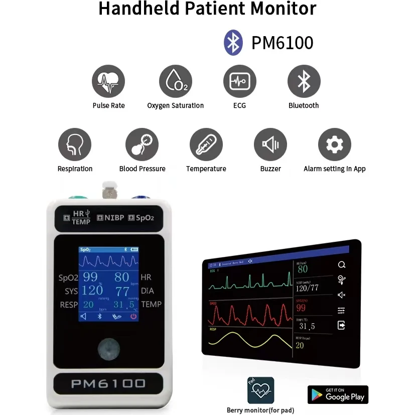 High-End Multifunction Bluetooth Patient Monitor Multiple Vital Signs:PR, HR, NIBP(Blood Pressure), Spo2, Resp(Respration), TEMP