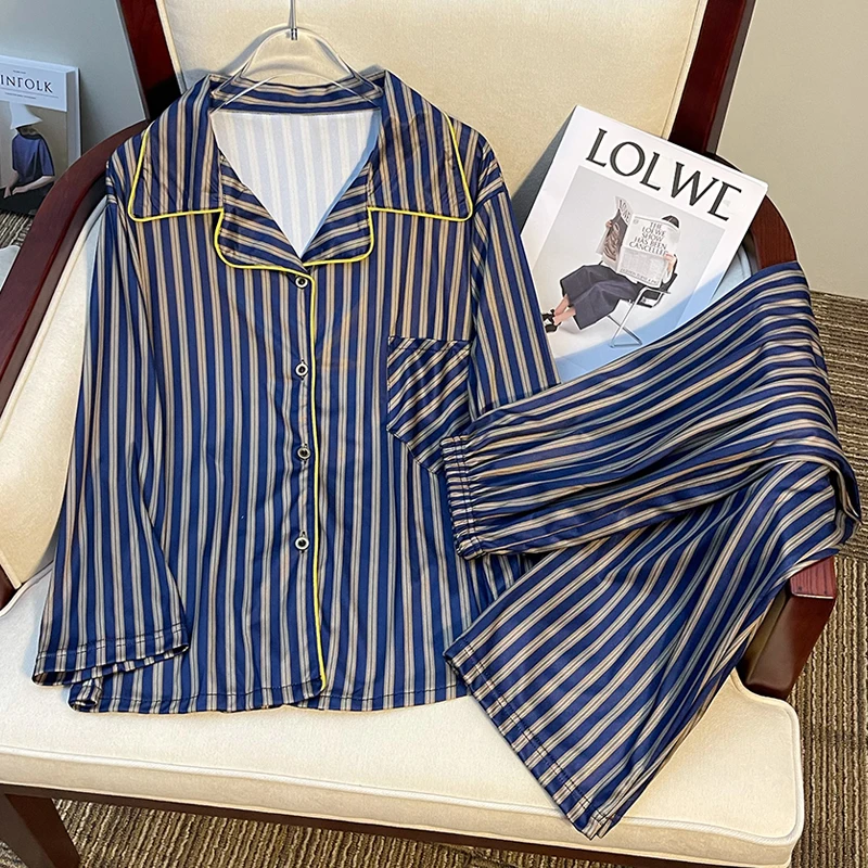 Autumn Winter New Soft Striped Sleepwear for Women Classics Streak Pajamas Women Lapel Cardigan Sets for Women 2 Pieces Set