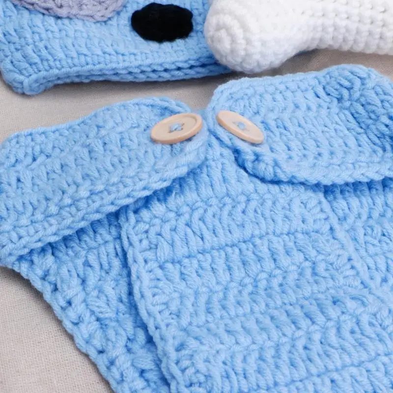 J2FF Newborn Photography Props Crochet Hat Set Jammies Pajamas with Bone DIY Studio Accessories Blue Handmade