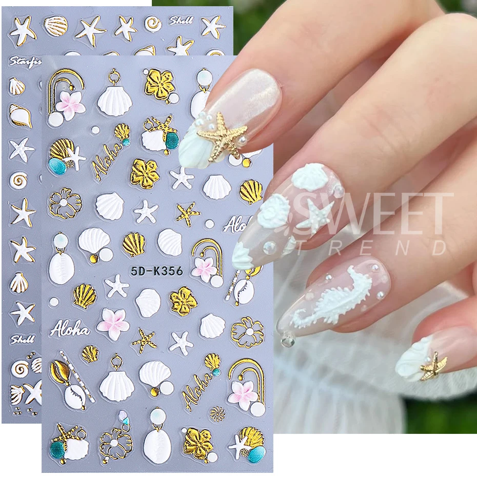 5D Oro bianco Animali dell'oceano Adesivi per unghie in rilievo Conchiglie di mare metalliche Conchiglia Stella marina Decalcomanie per unghie Decorazione Cursore per manicure fai da te