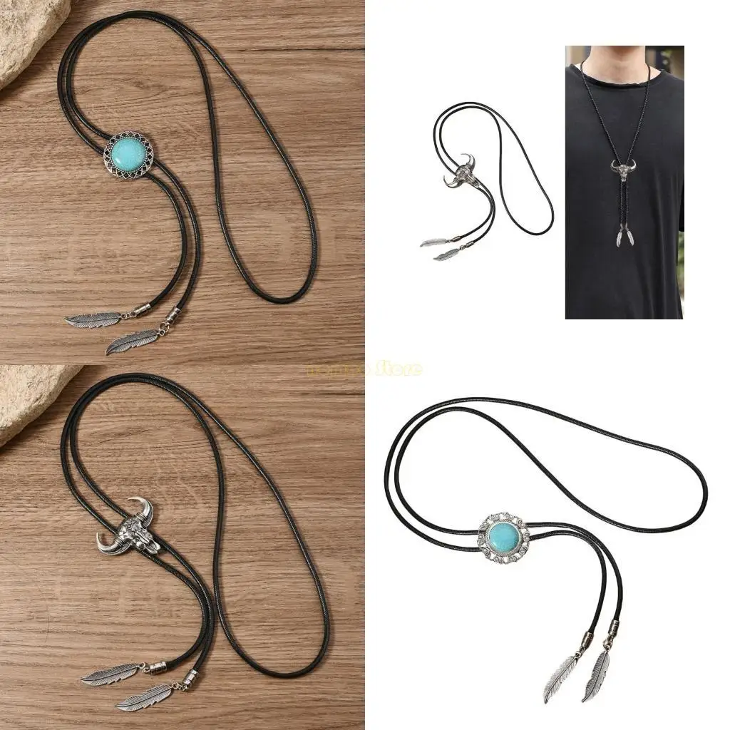 31BF مجوهرات اليدوية بولو التعادل قبعات رعاة البقر الغربية الجلود حبل ربطة العنق مع الفيروز خمر المعادن قلادة على شكل ريشة قلادة