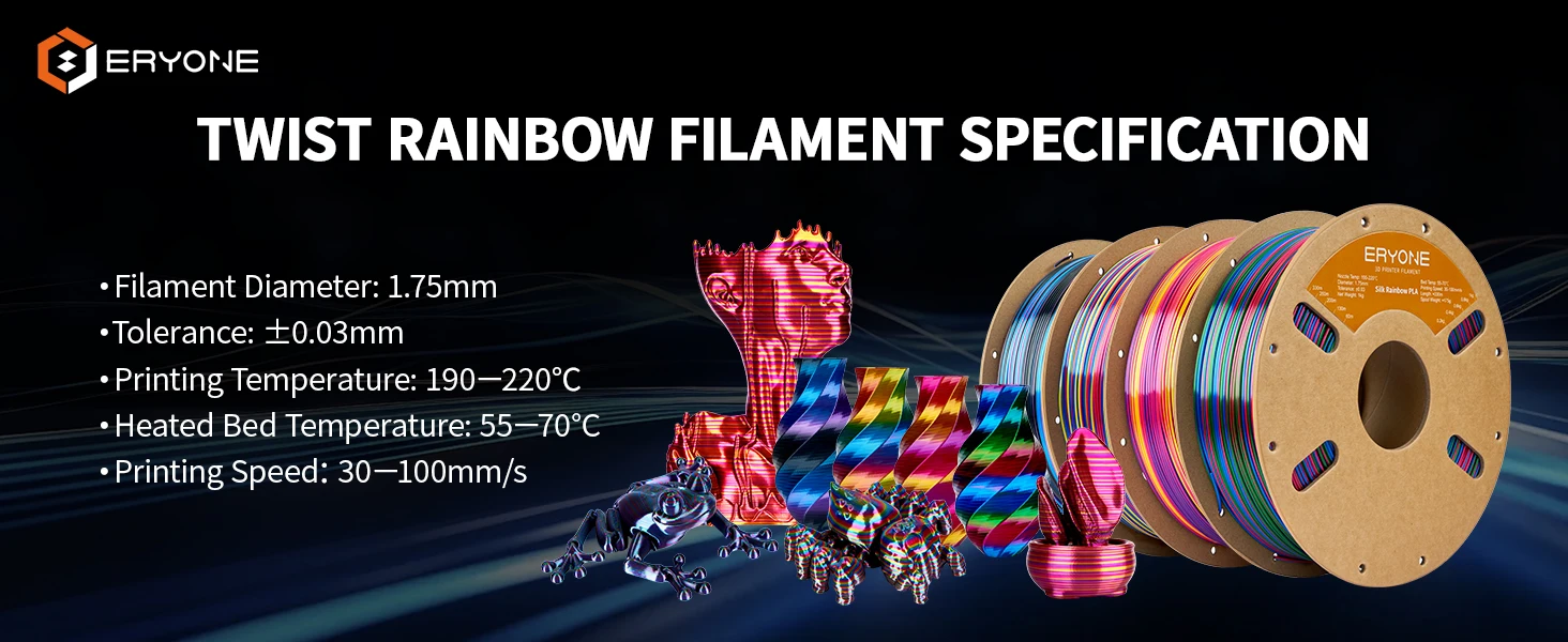 ERYONE 3KG PLA Silk Twist Rainbow Premium Shiny Filament 3D Print, Multicolor, PLA Silk Twist Rainbow Filament, 1KG/Spool