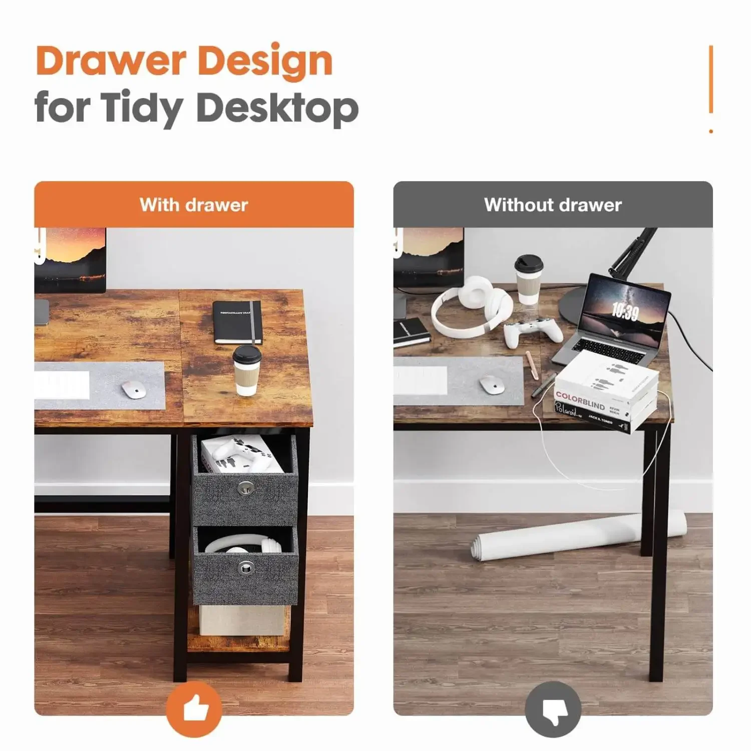 Modern Simple Style Home Office Writing Desk with 2-Tier Drawers Storage,Black Rustic,47IN desk