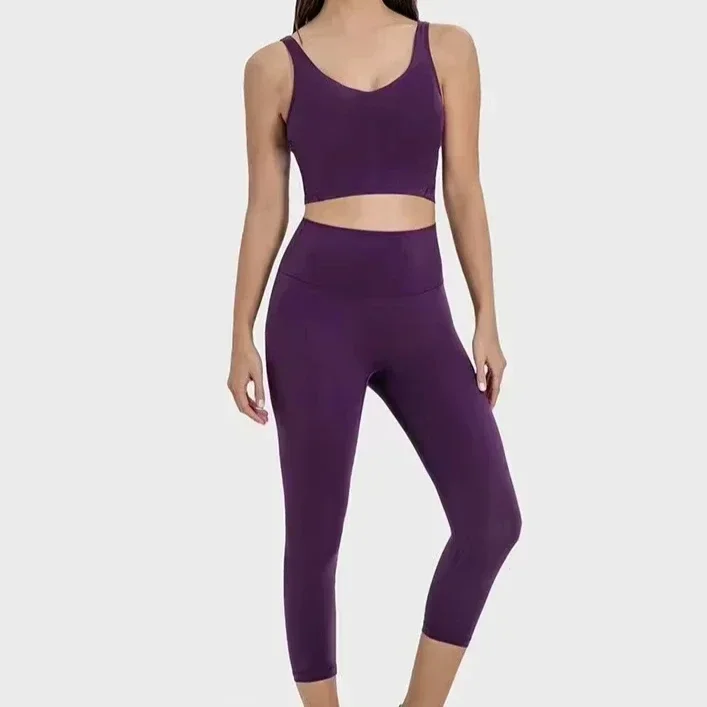 

Lemon Gym Yoga Set Women Yoga Set 2 Piece Workout Tracksuit Fitness Suit High Waist Legging 21"U Shape Back sports Bra athletic