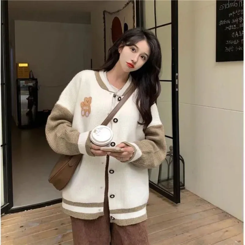 Patchwork Sweater Women Preppy Style Button Long Sleeve Sweatshirt Loose Knitted Baseball Japanese Casual Sweet Jacket