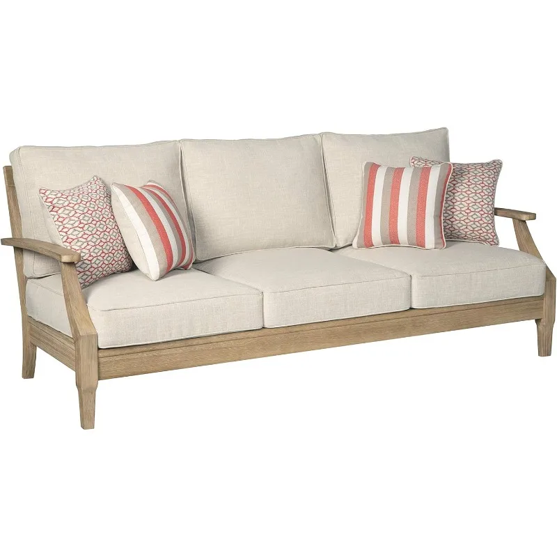 

Signature Design by Ashley Clare View Coastal Outdoor Patio Eucalyptus Sofa with Cushions, Beige