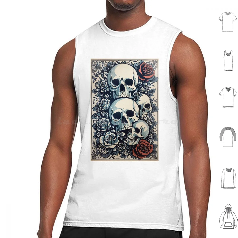 Skull And Rose Tank Tops Print Cotton Skull Rose Vintage Halloween Skull Memphis Neon Pattern Skulls Ghost Pink