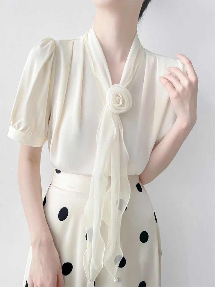 

Новая модная женская летняя блузка из шелковой смеси с V-образным вырезом, коротким рукавом, цветочным принтом и съемным поясом, в корейском стиле, повседневная