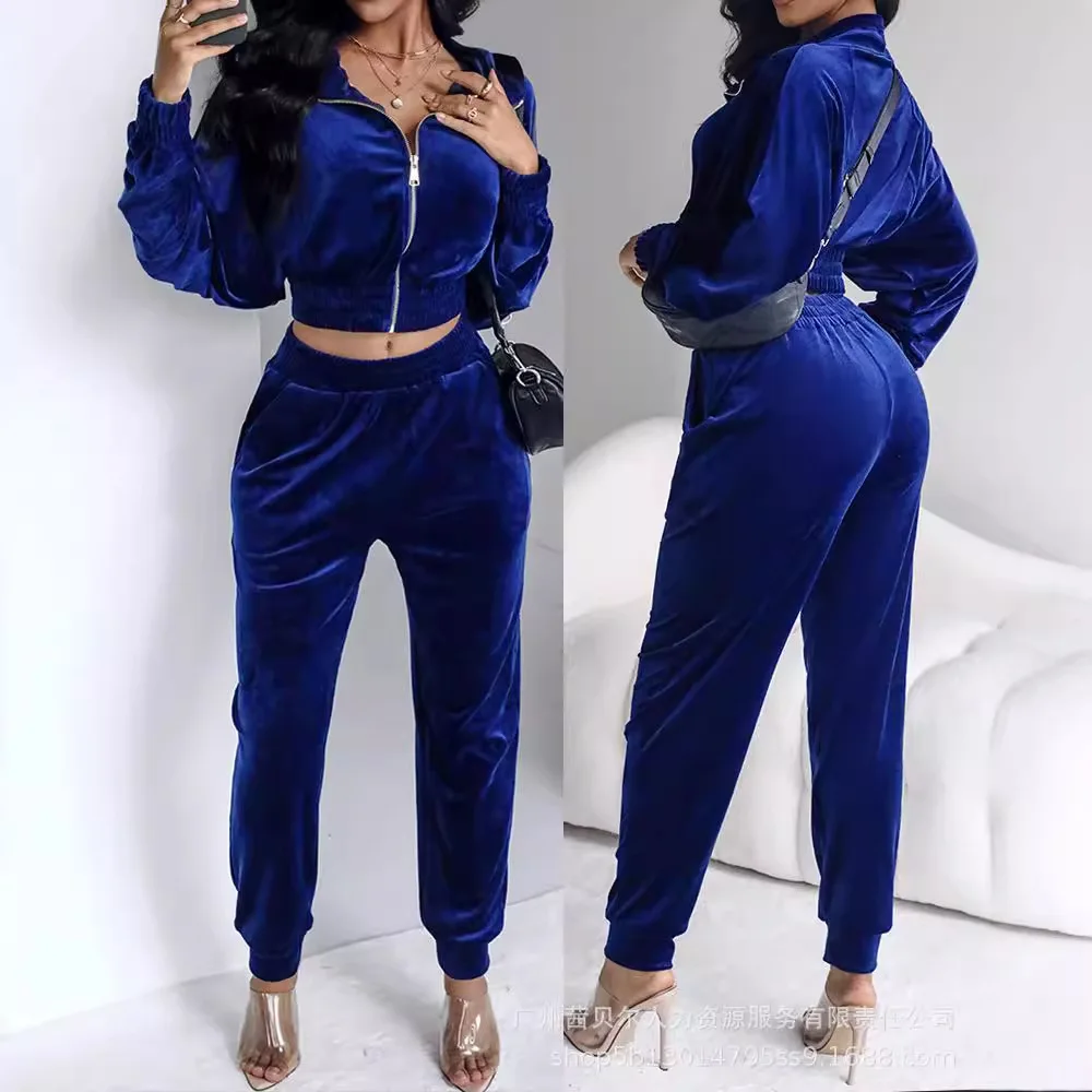 

Mandylandy Lapel Zipper Sweatshirt Tops Jackets Outwear Decorative Velvet Casual Sweatpants Set 2 Piece Sets Outfits Pencil Pant