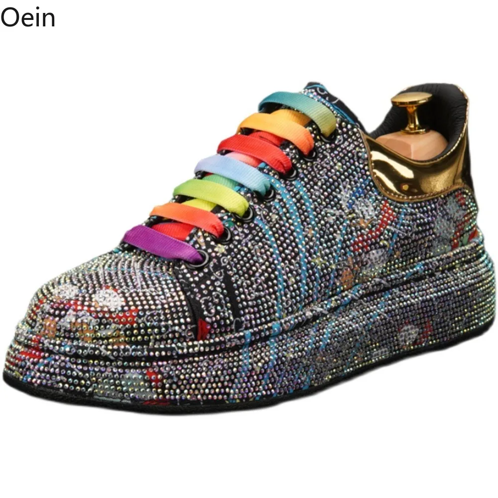 Mens Rhinestones Diamonds Rainbow Colors Flats Sneakers Bling Skateboard Glitter Shoes 5Colors New 2024