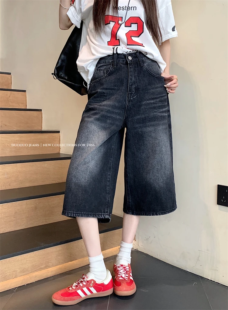 

Slergiri American black denim cropped pants women's summer street retro high waisted loose straight wide-leg jeans for women