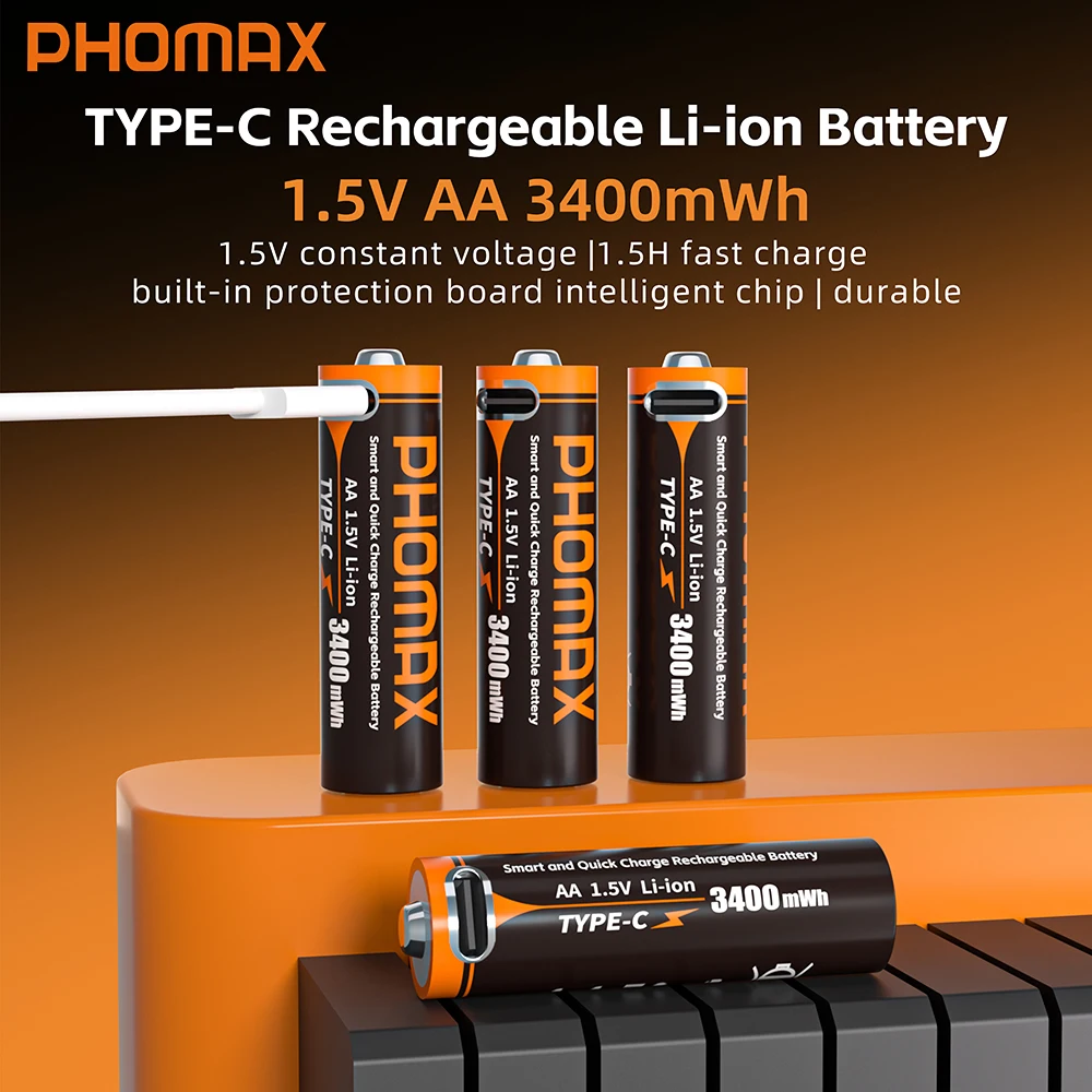 

PHOMAX AA/AAA Rechargeable Battery 3400mWh/814mWh Lithium Battery 1.5V Constant Voltage Fast Charging Type-C For Remote Mouse
