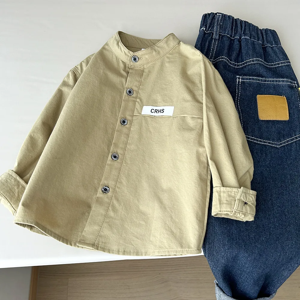 New 3-10 Years Spring Autumn Boys Shirt Solid Color Single Breasted Stand Collar Long Sleeve Top For Kids Cotton Shirt