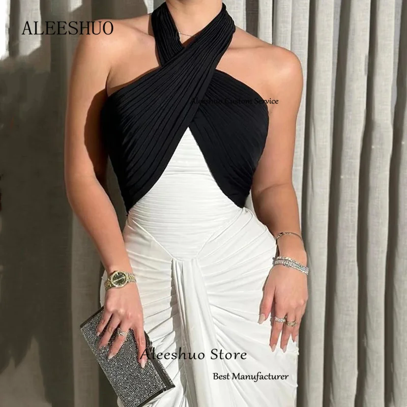 Aleeshuo Semplice Nero Bianco Sirena Abito da Sera Sexy Piega Halter Formale Senza Maniche Pavimento-Lunghezza Abiti da Festa di Promenade Personalizzato