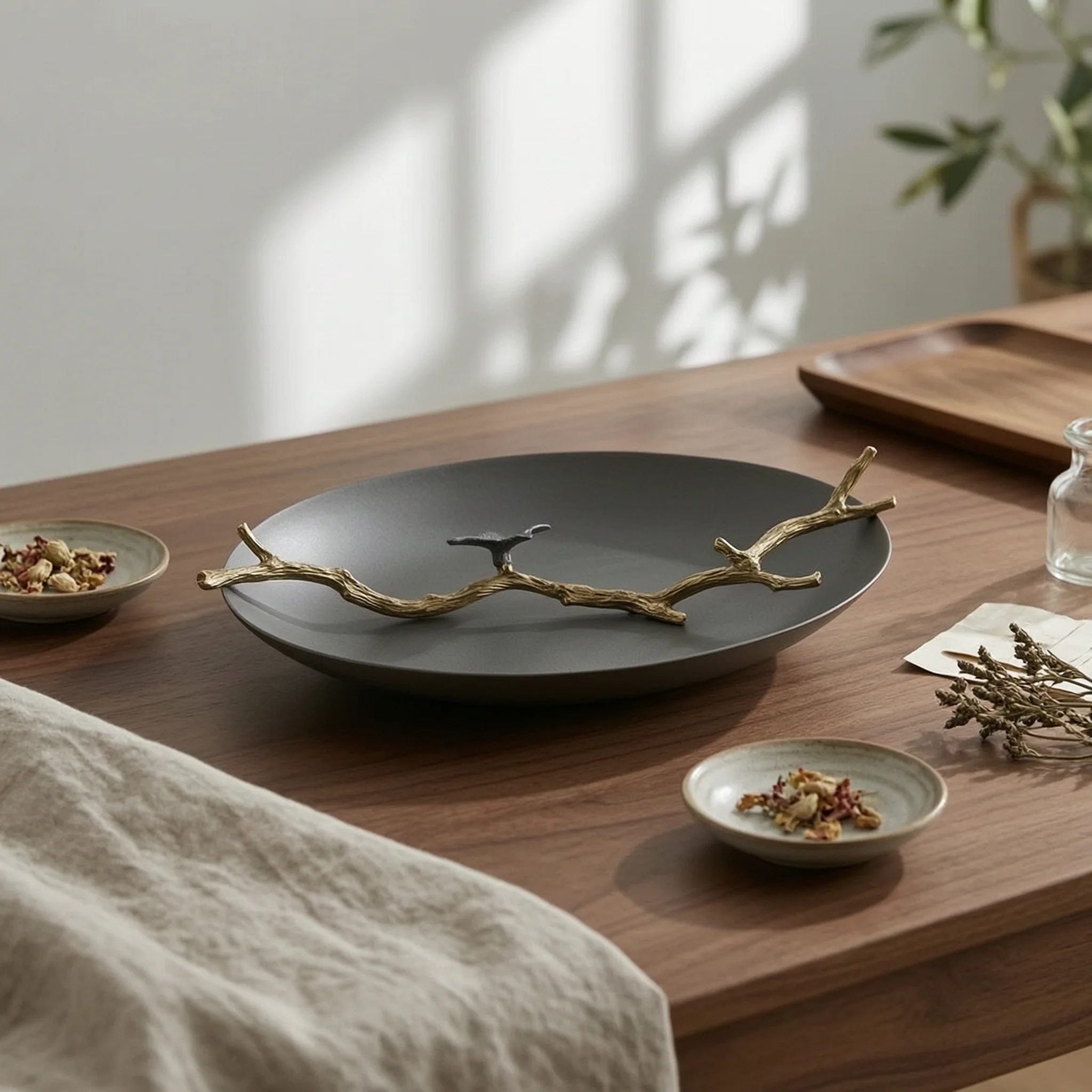 Tray with Branch Ornament Decorative Stainless Steel Tray Platter Shallow Long-Lasting for Coffee Table, Living Room