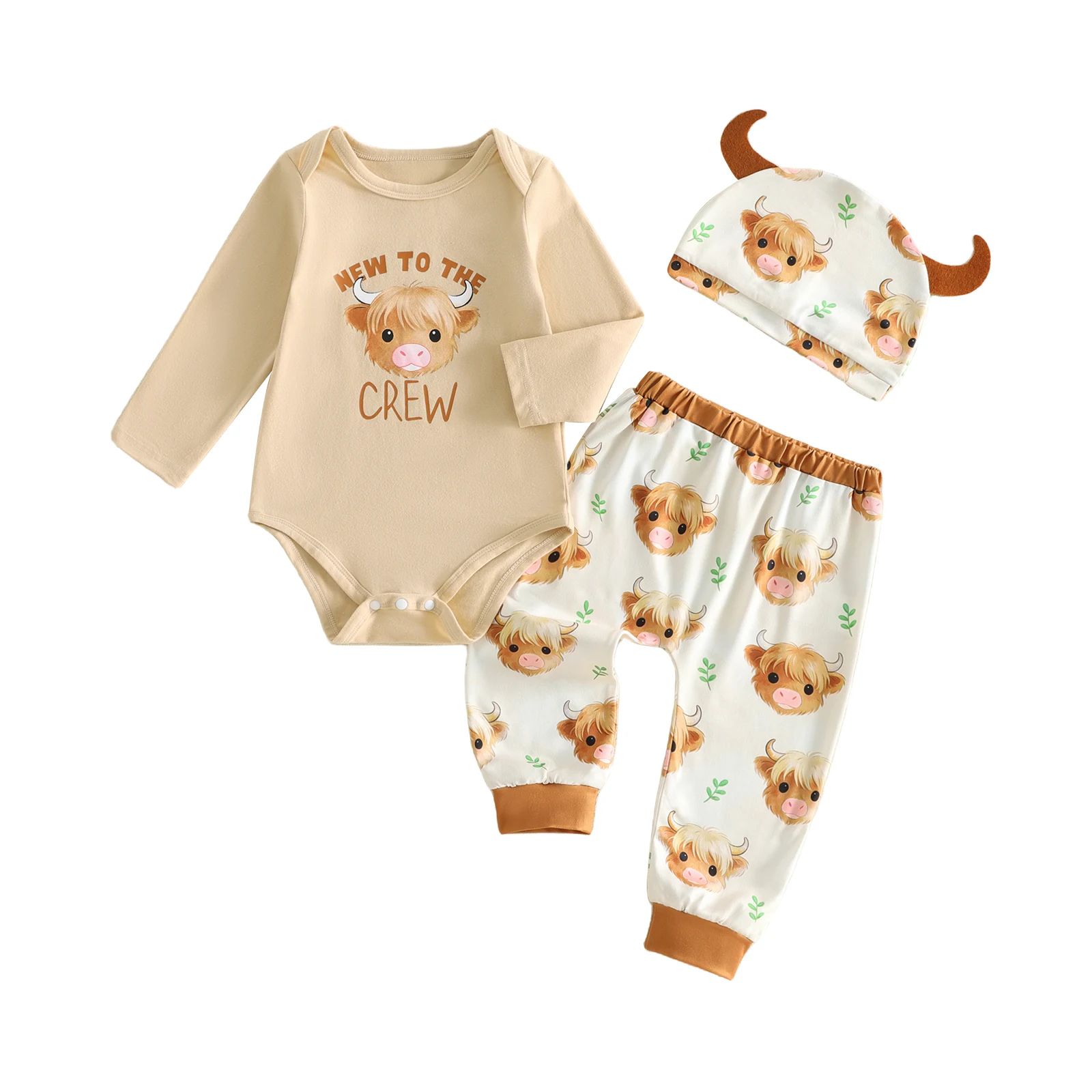 

Baby Boy Western Outfit Highland Cow Print Rompers and Pants Beanie Hat