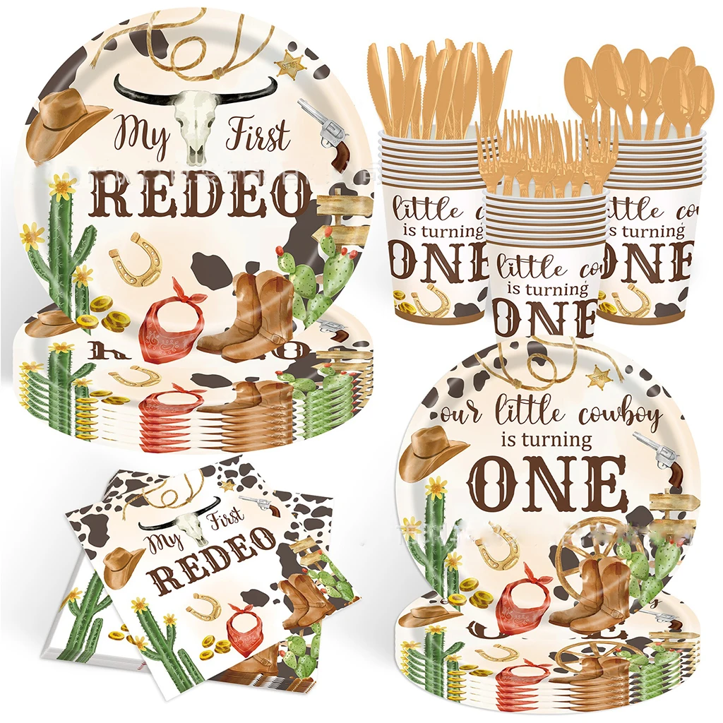 

10Guests Cowboy Disposable Tableware Little Cowboy First One Plates Cups Baby Boys Happy 1st West Cowboy Birthday Party Decor