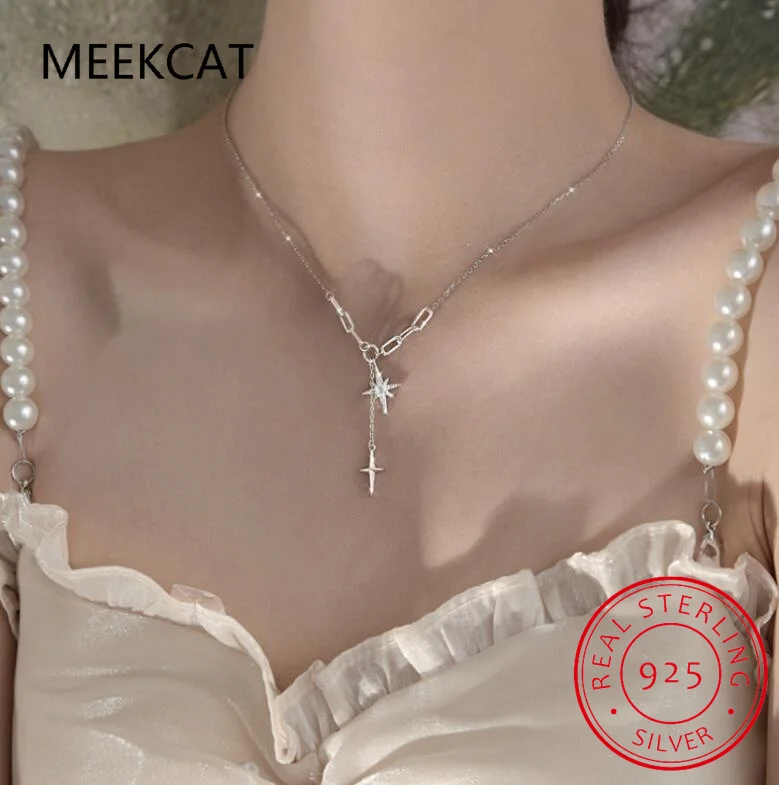 925 Sterling Silver Four-Pointed Star Necklace Simple Clavicle Chain Shiny Zircon Tassel Cross Pendant Party Wedding Jewelry