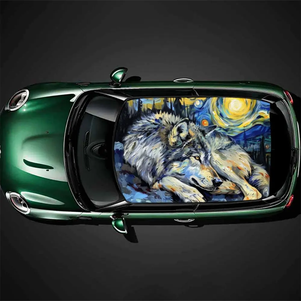

Van Gogh style of the lone wolf pattern car vinyl wraps, car roof graphic stickers, create a unique ride