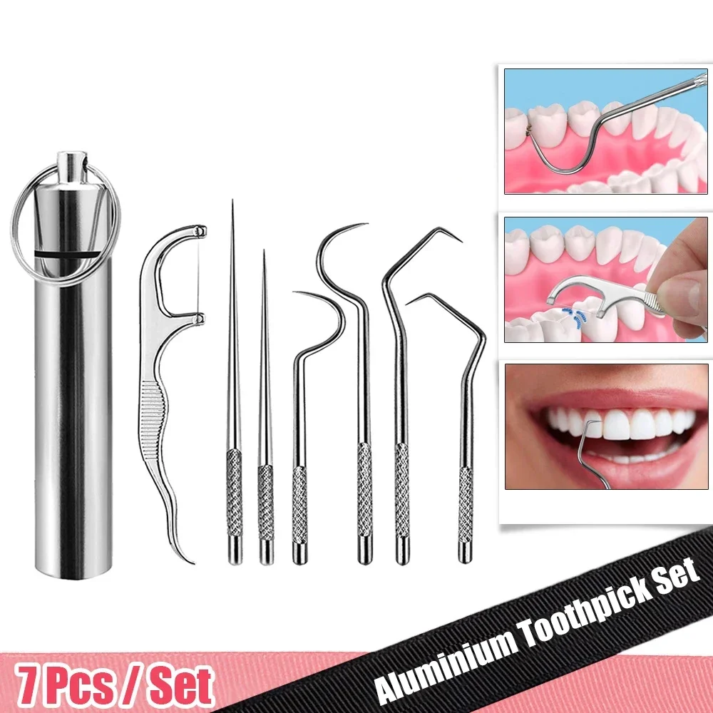 Ensemble de cure-dents en aluminium 7 pièces, choix de fil dentaire réutilisables pour le nettoyage des dents et les soins bucco-dentaires, outil de fil dentaire Portable